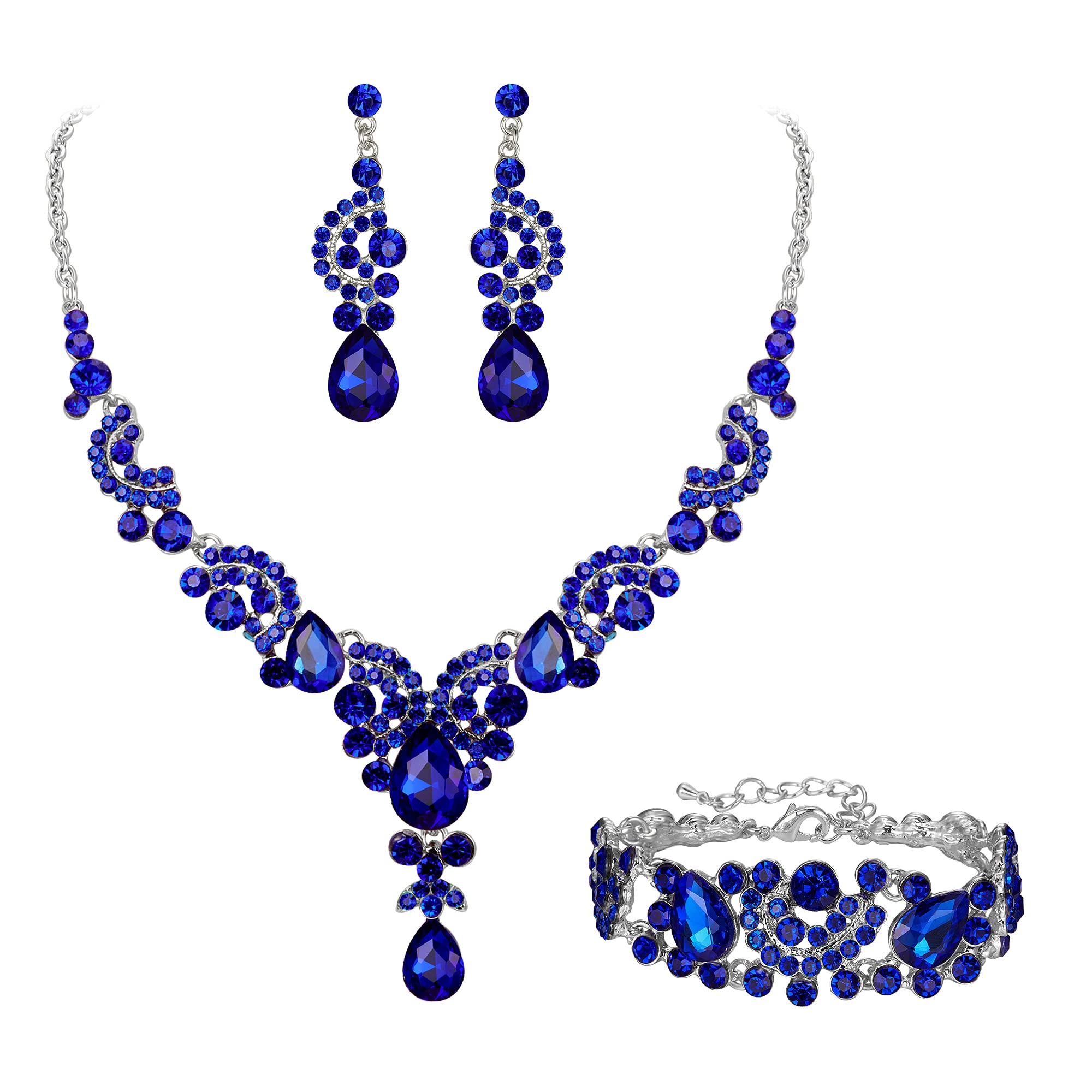 Ever Faith Wedding Jewellery Set for Women, Sparkly Rhinestone Crystal Vintage Floral Teardrop Brides Bridal Necklace Earrings Bracelet Sets Prom Party Costume Jewelry 3 Pcs Sapphire Blue Silver-Tone