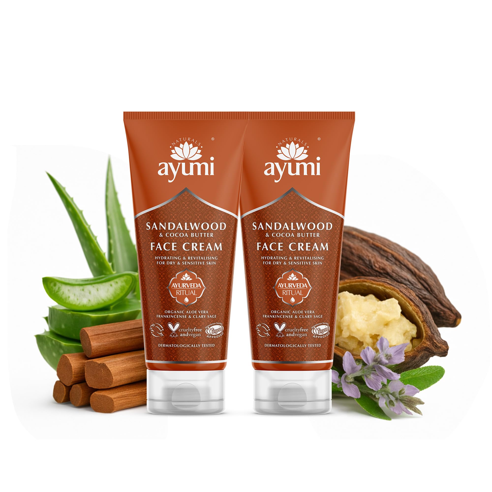 Ayumi Sandalwood & Cocoa Butter Face Cream | Aloe vera Moisturiser for Dry Skin | Moisturising Cream to Soothe Irritation|Aromatherapy Cream with Ylang Ylang| Face Moisturiser for Men & Women| 2x100ml