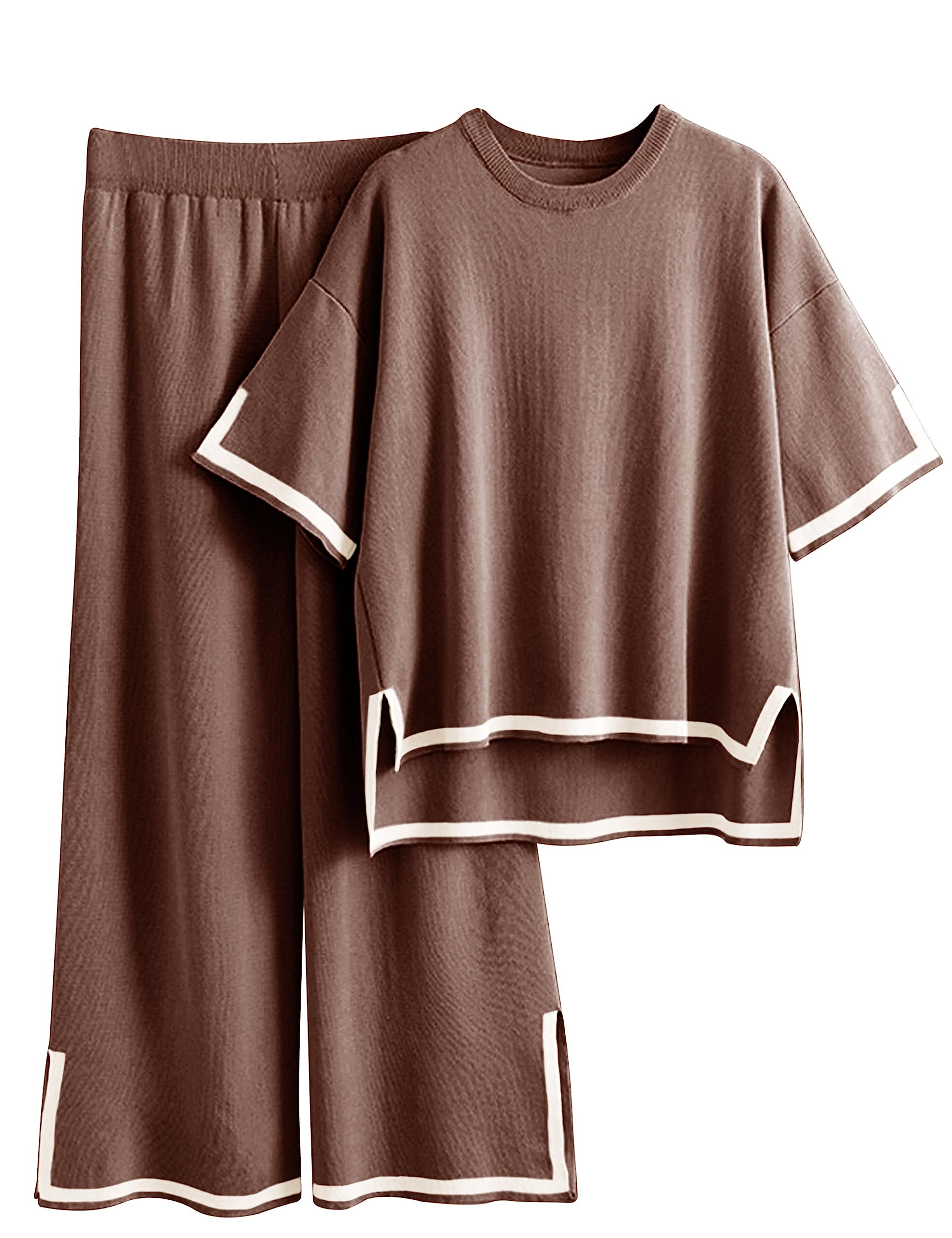Photo 1 of ***SEE NOTES*** 
Tanming Sweater Sets Women 2 Piece Lounge Sets Short Sleeve Knit Pullover Tops Wide Leg Pants (Brown, size: XL)