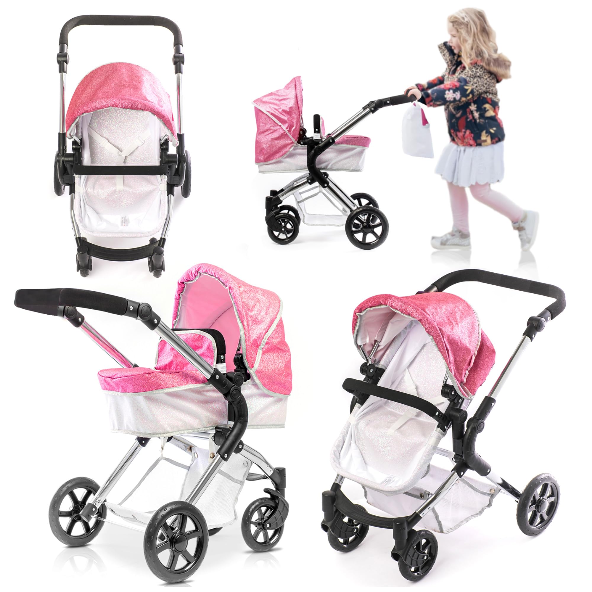 Roma Single Baby Toy Stroller with Lightweight Frame, 2-in-1 Baby Doll Accessories, Adjustable Handle, Carry Cot to Seat Unit, for Ages 3-9, Includes Shopping Basket (Stephanie)