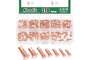 Keadic 170Pcs M2/M2.5/M3/M4 x 6/8/10mm Copper Brazier Head Solid Rivet Assortment Set, Solid Rivet Fasteners for Repairing Boats Furniture Electrical Automotive