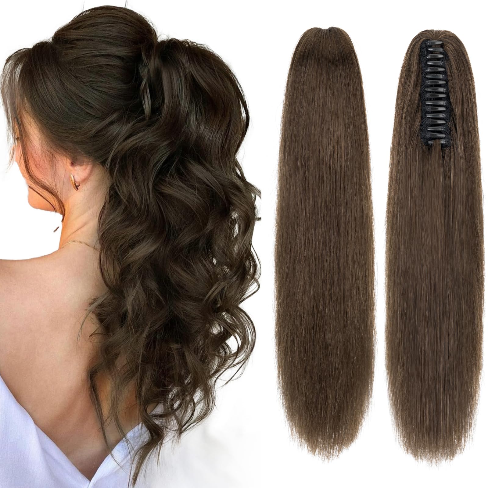 Photo 1 of TESSHAIR Claw Clip In Ponytail Extension, 100% Human Hair Ponytail Extension, No Tangle & Smooth, 105g, 14 Inch #Dark Brown