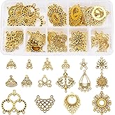 SUNNYCLUE 1 Box 64Pcs Earring Connectors Charms Filigree Components Links Chandelier Charms Flower Linking Charms Loops Jewelry Making Kit for Vintage Christmas Hoop Earrings Crafts Golden 15~37mm