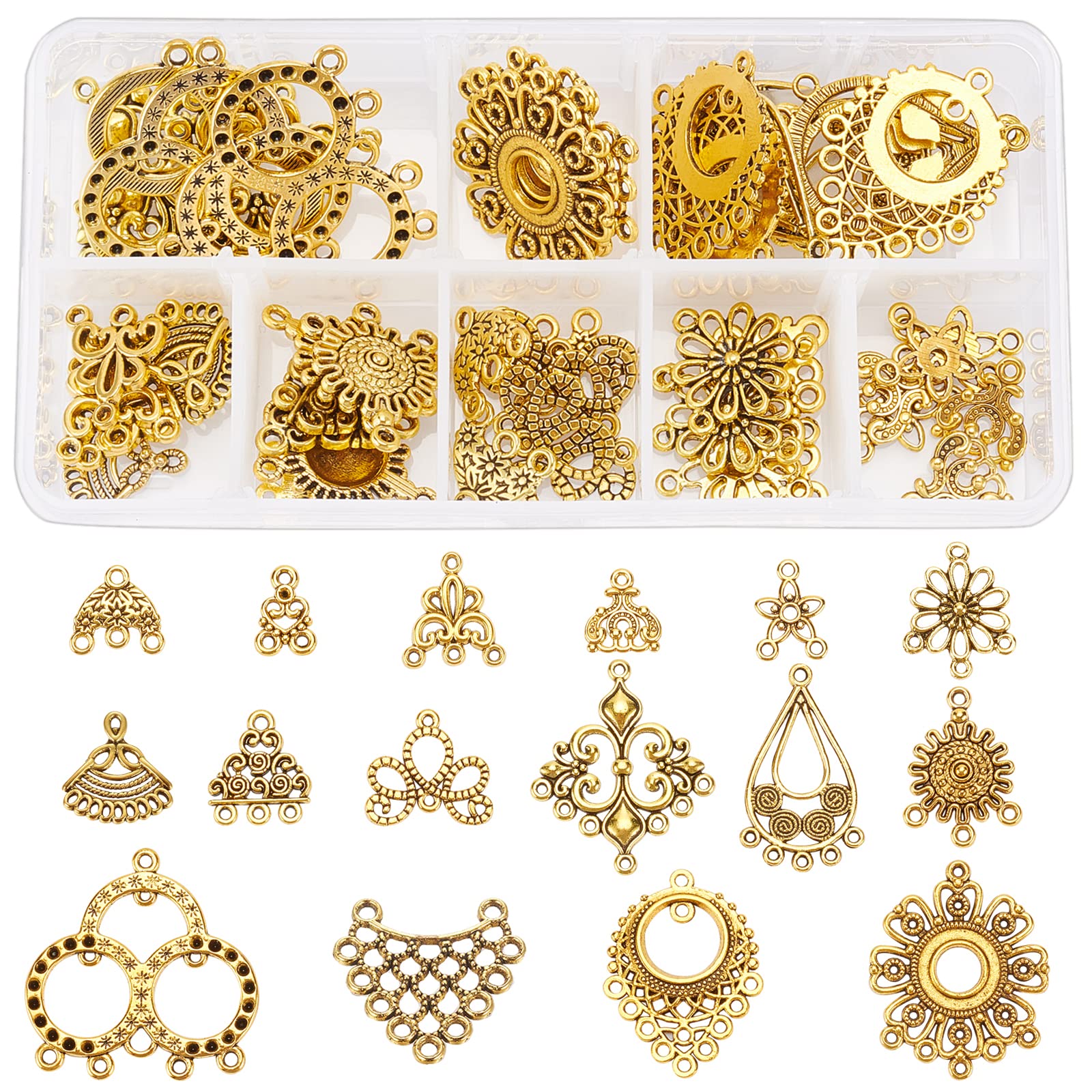 SUNNYCLUE 1 Box 64Pcs 16 Styles Earring Connectors Charms Filigree Components Links Chandelier Charms Findings Loops Jewelry Making Kit for Vintage Hoop Earring Making, Golden