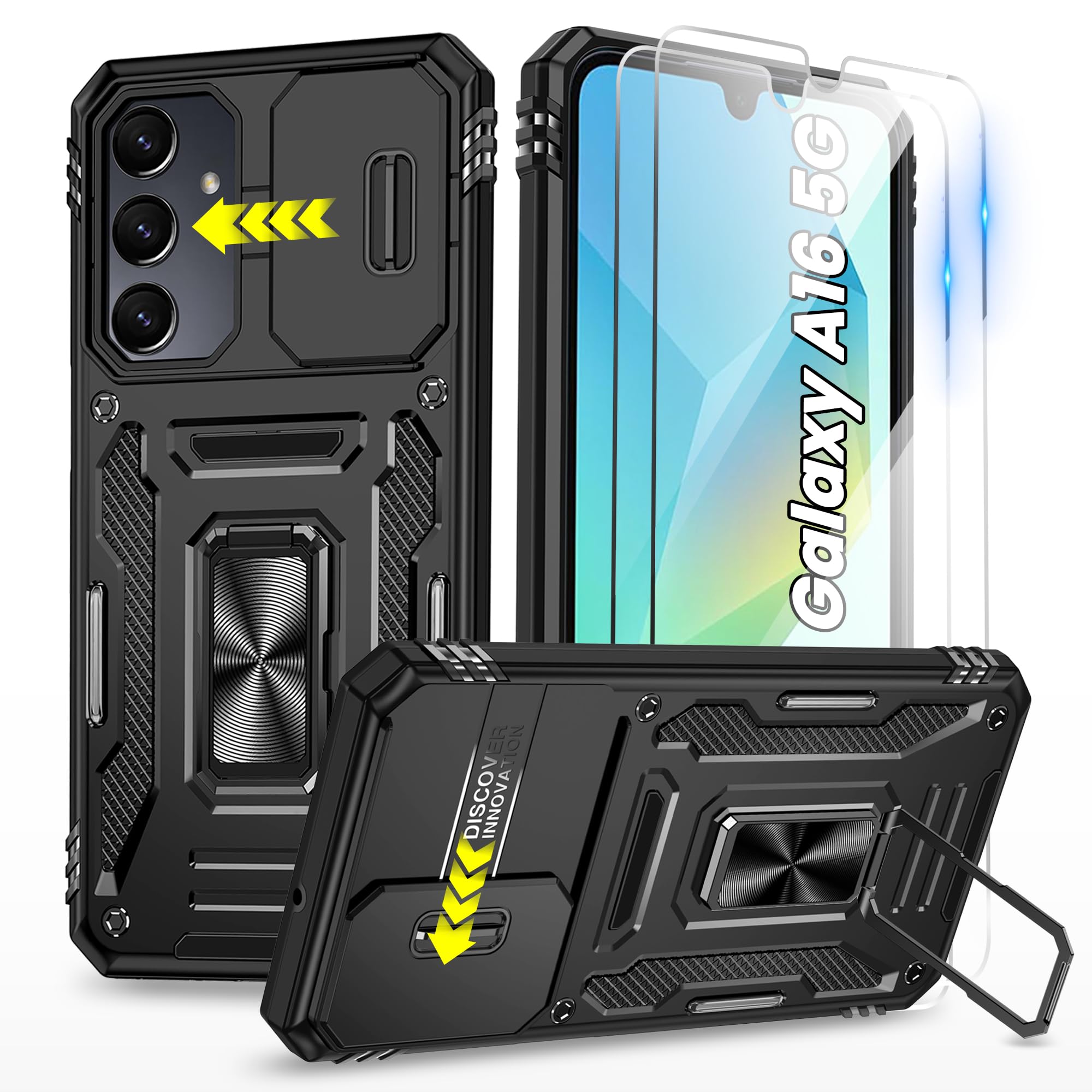 Imuruktek for Samsung Galaxy A16/A17-5G Phone Case: with 2 HD Screen Protectors, Magnetic Kickstand, Slide Camera Cover, Military-Grade & Heavy Duty Phone Case for Samsung Galaxy A 16/A 17, Black