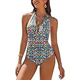 AI'MAGE Women's One Piece Swimsuit Tummy Control Halter Ruched Deep V Neck Bathing Suits