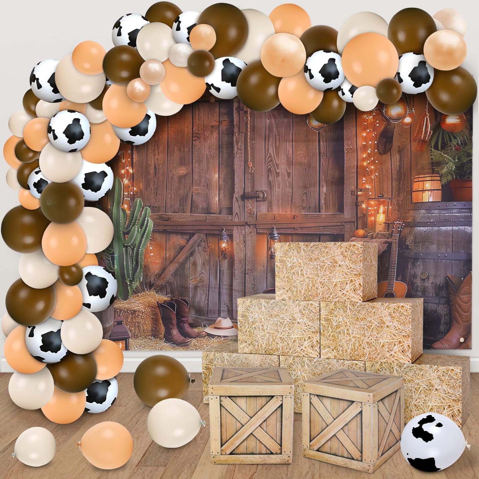 Photo 1 of 158Pcs Western Cowboy Party Decorations, Includes Western Balloon Arch Kit, Hay Bales Boxes Decor Western Banner, Western Party Supplies, Birthday Baby Shower, Fake Hay Themed Photo Booth Props