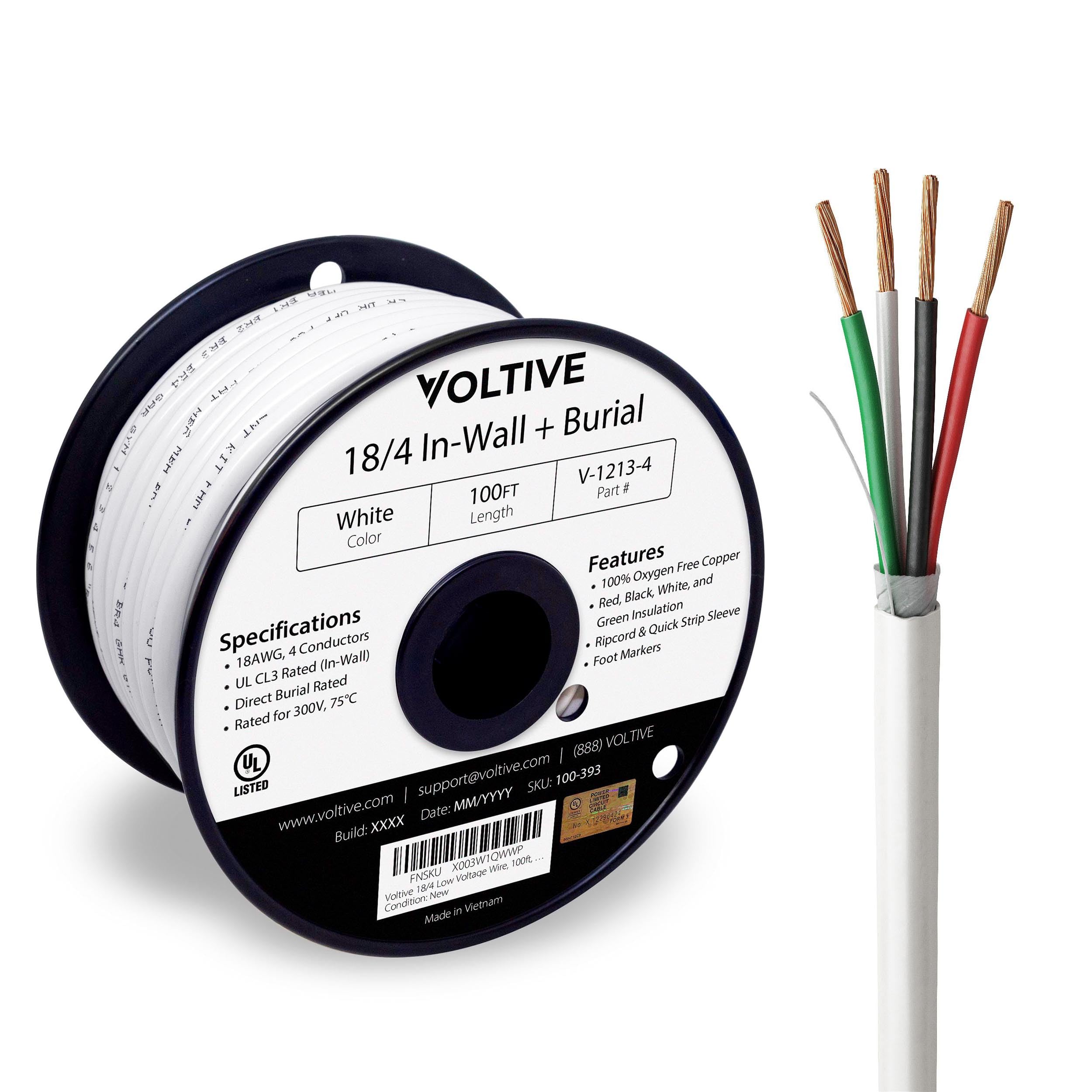 Voltive 18/4 Low Voltage Wire, in-Wall CL3 & Direct Burial, White, 100ft - 18AWG, 4 Conductors, Stranded Bare Copper, UL Listed - V-1213-4 Image