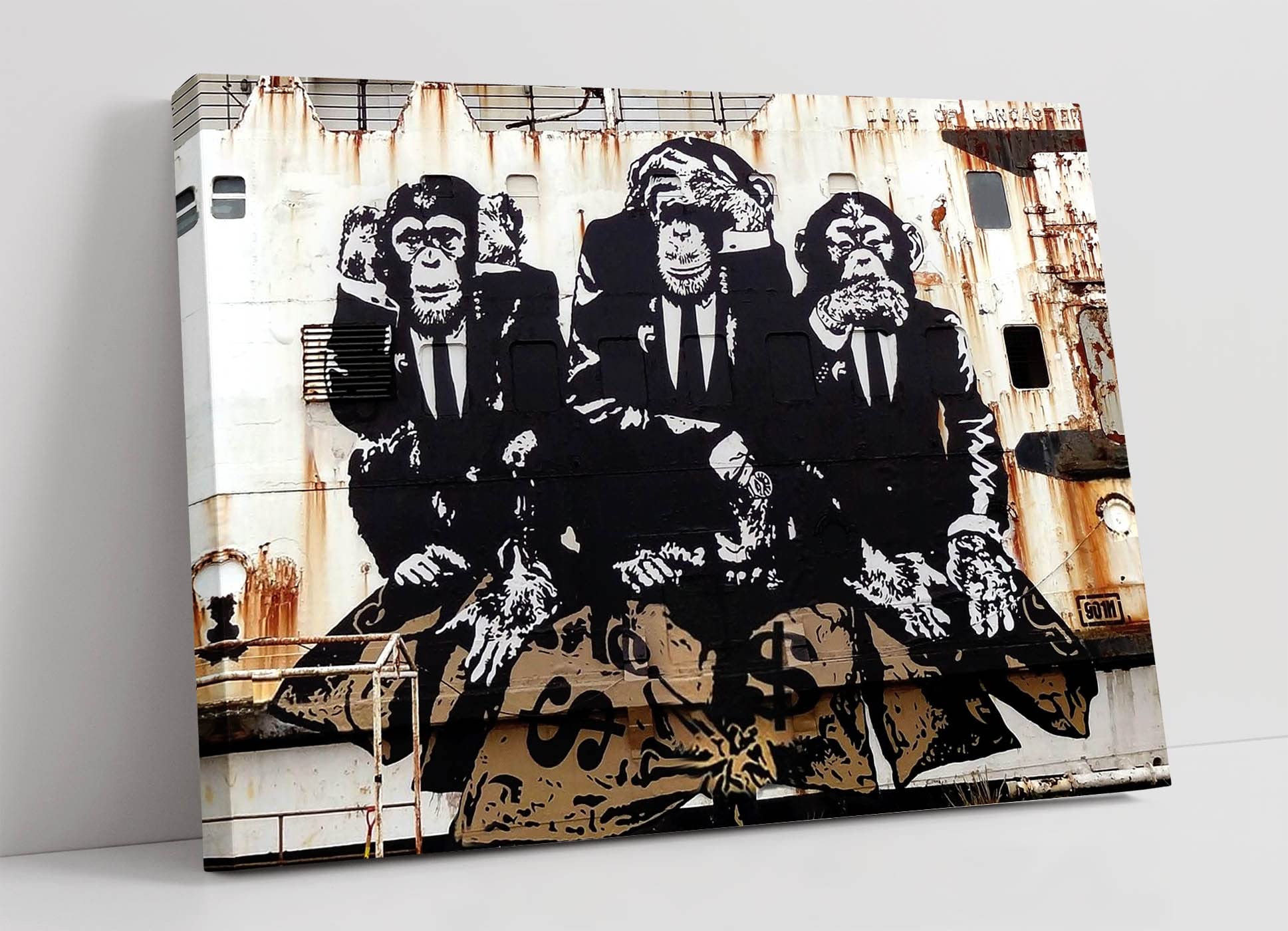 BANKSY 3 WISE MONKEYS CANVAS WALL GRAFFITI ART PRINT ARTWORK FRAMED (18in x 12in / 45cm x 30cm) Living Room