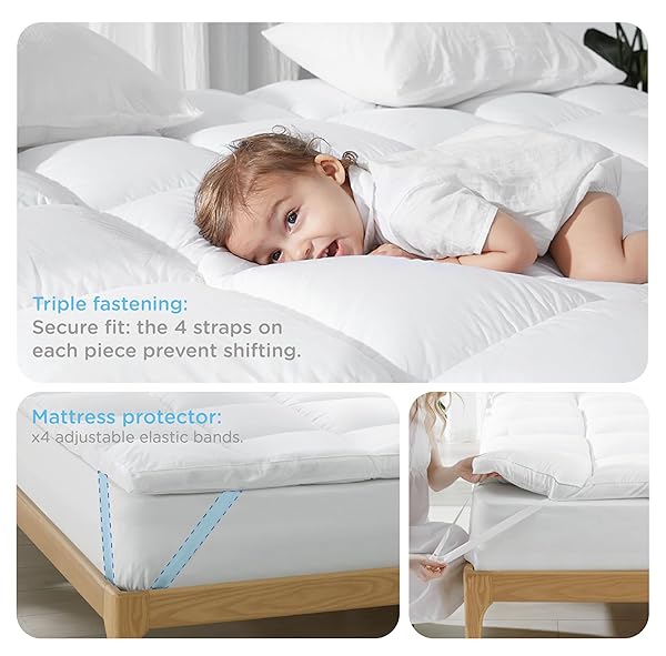 KUB MATTRESS TOPPER&COOLING MATTRESS PROTECTOR BED FITTED SHEET SET, DEEP POCKET&4 ELASTIC BANDS, TRIPLE ANTI-SLIP, BACK PAIN RELIEF, BREATHABLE SOFT 2 INCH MATTRESS PAD COVER (WHITE, TWIN)