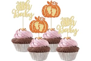 Gyufise 24Pcs Pumpkin Oh Baby Cupcake Toppers Glitter Baby Shower Pumpkin Cupcake Picks Baby Feet Cake Decorations for Fall Theme Kids Birthday Party Supplies Gold