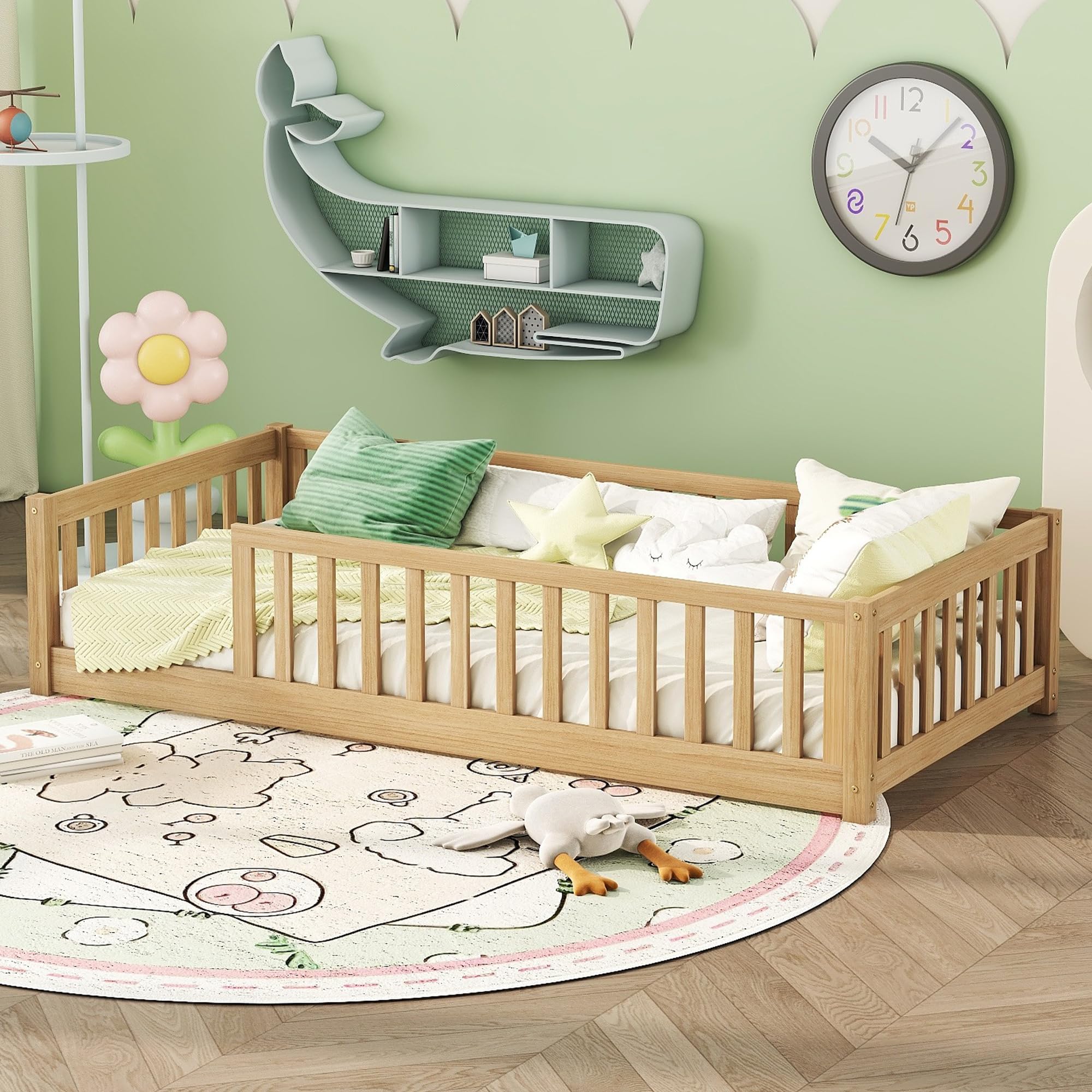 Photo 1 of Twin Size Kids Montessori Floor Bed,Twin Floor Bed Frame with Slats,Solid Wood Twin Bed Frame for Girls Boys,Natural