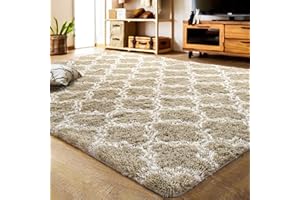 LOCHAS Luxury Shag Area Rug 8x10 Feet Geometric Plush Fluffy Rugs, Extra Soft Carpet Moroccan Rugs for Bedroom Living Room Dorm Kids, High Pile Shaggy Floor Rug Decor, Beige/White