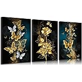 3pcs Abstract Gold Butterfly Canvas Wall Art Gold Butterfly And Rose Wall Decor Pictures Modern Luxury Flowers Posters Prints Painting for Living Room Bedroom Home Decoration Prepare To Hang