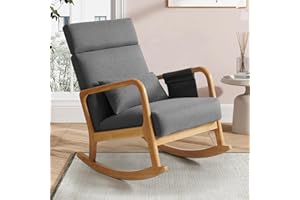 BEDHOURS Nursery Rocking Chair, Upholstered Glider Rocker with High Backrest, Comfy Armchair with Side Pocket and Pillow, Reading Accent Chair for Living Room Bedroom Nursery, Light Gray