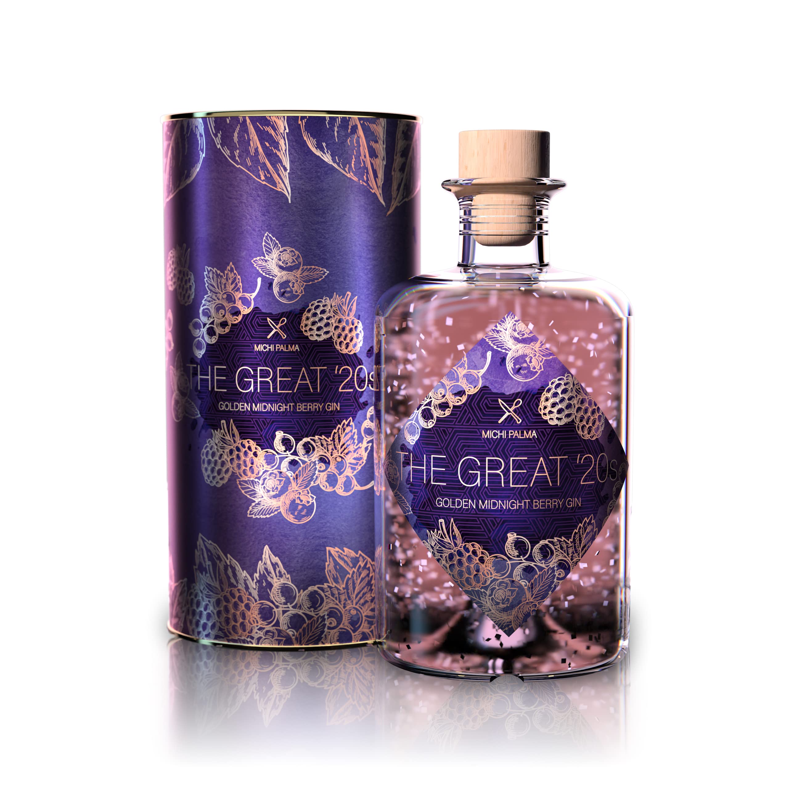 Michi Palma | The Great '20s Golden-Midnight-Berry (1 x 0.5 l) | Premium Spirituose auf Gin-Basis | Mit 23 Karat reinem Blattgold und edler Geschenkverpackung | Goldene Gin-Geschenkidee