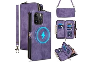 Rssviss Wallet Case for iPhone 15 Pro Max Crossbody with Card Holder Wrist Strap, Flip Zipper Case Compatible with Magsafe, RFID Blocking Purse Cover for iPhone 15 Pro Max Women Men 6.7 inch Purple