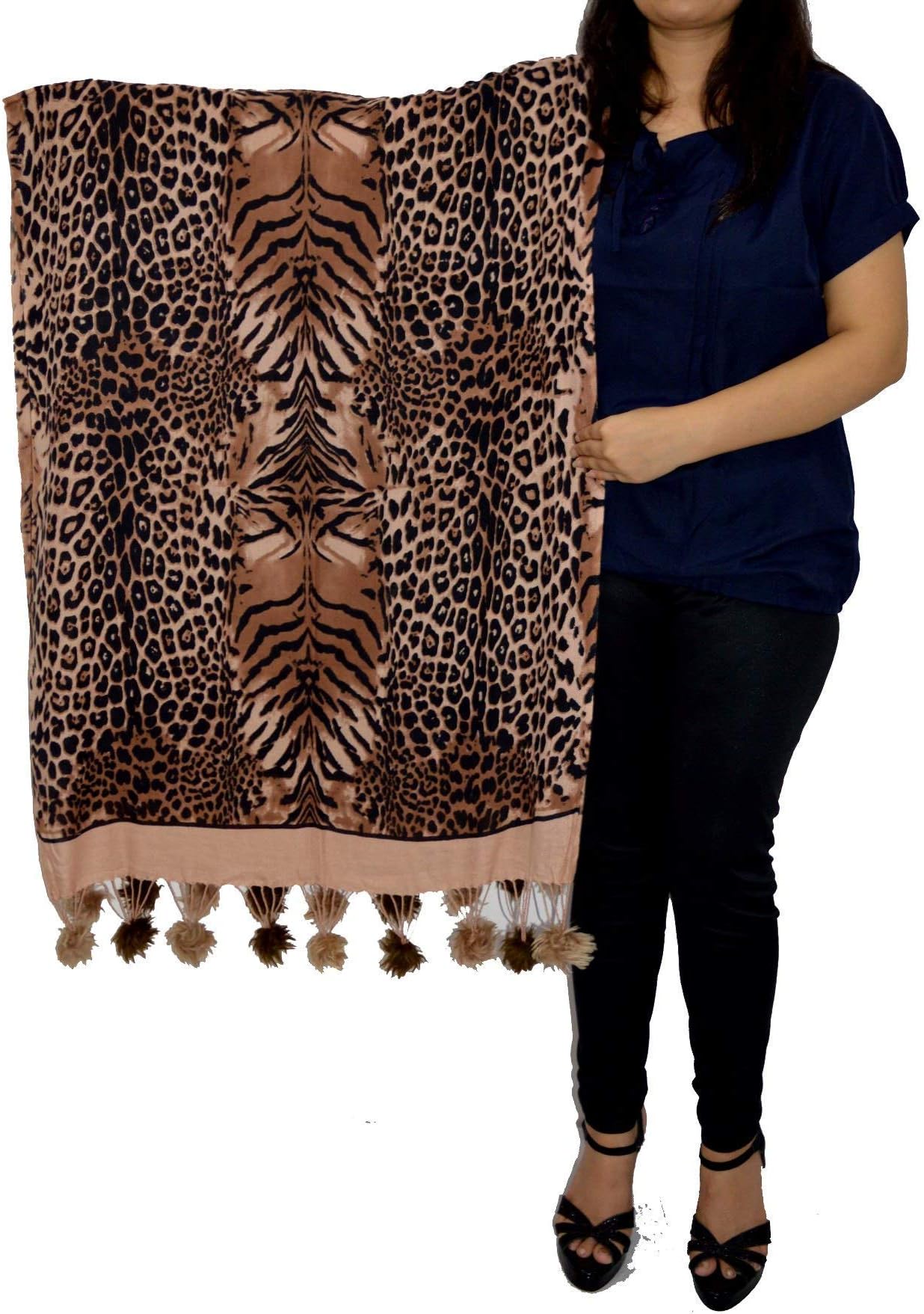 Sanvitta's Women's Tiger Animal Print Viscose Stole Wrap with Fur Balls (MTY-TP-23, Rust, Free Size)