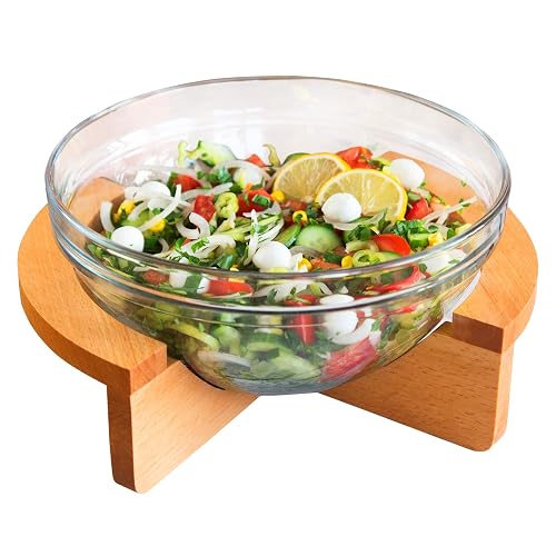 Glass Salad Serving Bowl with Wooden Base, Large Capacity, 118 Oz