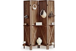 Asnefeli 4 Panel Room Divider with Shelves, 5.6Ft Pegboard Display with 16 Hooks, Wood Room Divider, Folding Privacy Screen, Freestanding Display Board Organizer for Craft Show, Jewelry (Brown)