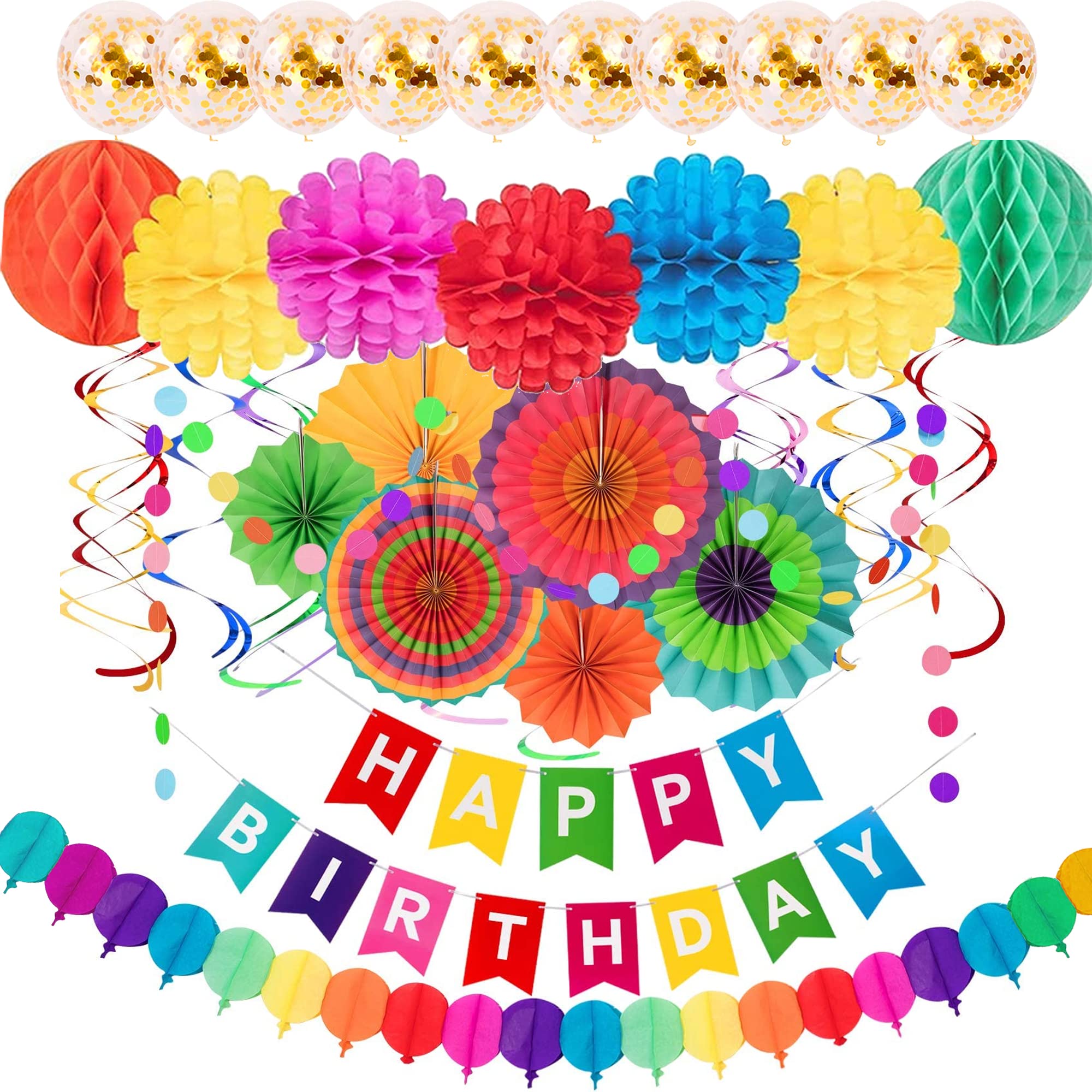 Zashmart Birthday Decoration, 38 Pcs Rainbow Party Decorations, Includes Balloons Pack, Happy Birthday Banner, Pom Pom Rainbow Birthday Decorations, Happy Birthday Bunting, And Other Party Supplies.
