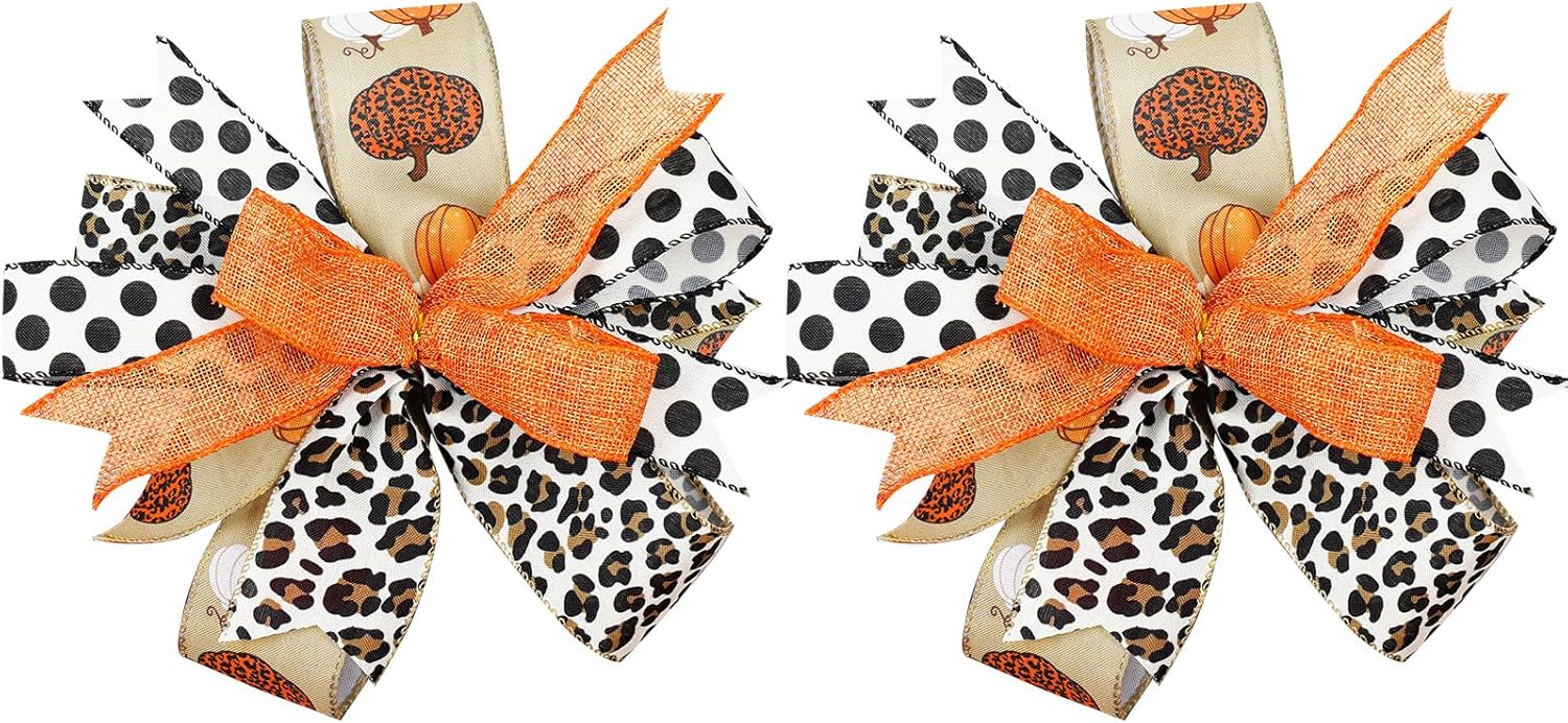 Bows & Ribbons - Whaline 2 Pack Fall Wreath Bow Leopard Burlap Bow Pumpkin Dot Gift Bow Tree Topper for Autumn Thanksgiving Indoor Outdoor Festive Daily Home Decoration Party Supplies, 9.8 x 10.2inch
