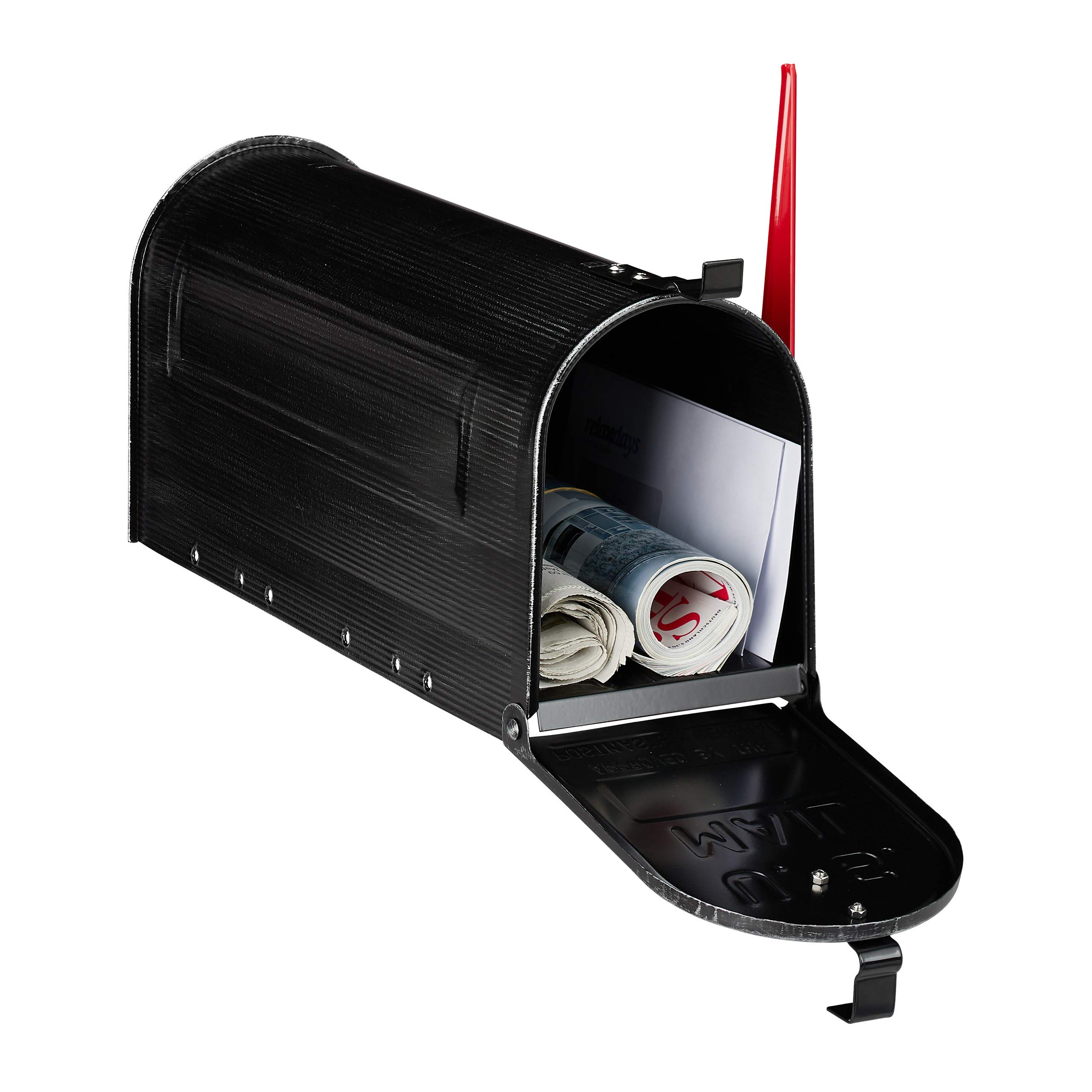 Relaxdays US Mailbox, Vintage, American Letterbox Post, Large, HxWxD: 25x19x52.5 cm, Red Flag, Steel, Black