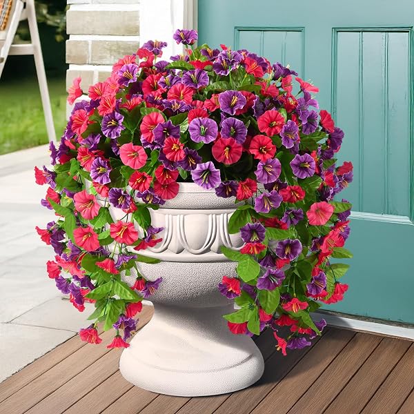 INQCMY ARTIFICIAL FLOWERS FOR OUTDOOR SPRING SUMMER DECORATION FAUX SILK MORNING GLORY FAKE HANGING FLOWERS UV RESISTANT LOOK REAL FOR HOME PORCH (HOT PINK&ORCHID-2B)