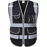 JKSafety 9 Pockets High Visibility Black Safety Vest for Men and Women, Hi-Vis Reflective Safety Vests with Zipper Front, Meet ANSI/ISEA Class 1 Standards (150-Black, Medium)