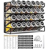 UVIAHOMI Magnetic Spice Rack Organizer for Refrigerator with 28 Spice Jars, 386 Spice Labels, 4 Hook, Chalk Marker and Funnel Set, Magnetic Shelf for Seasoning Organizer, 13.2'' W x 9.8 H, Black