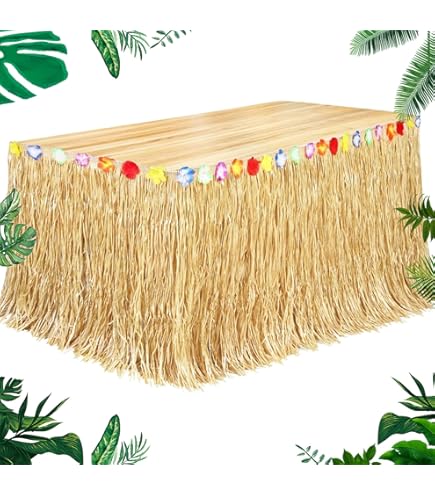 26 Pcs Hawaiian Luau Grass Table Skirt Set With Palm Leaves & Aloha Balloons - Tropical Party Decorations