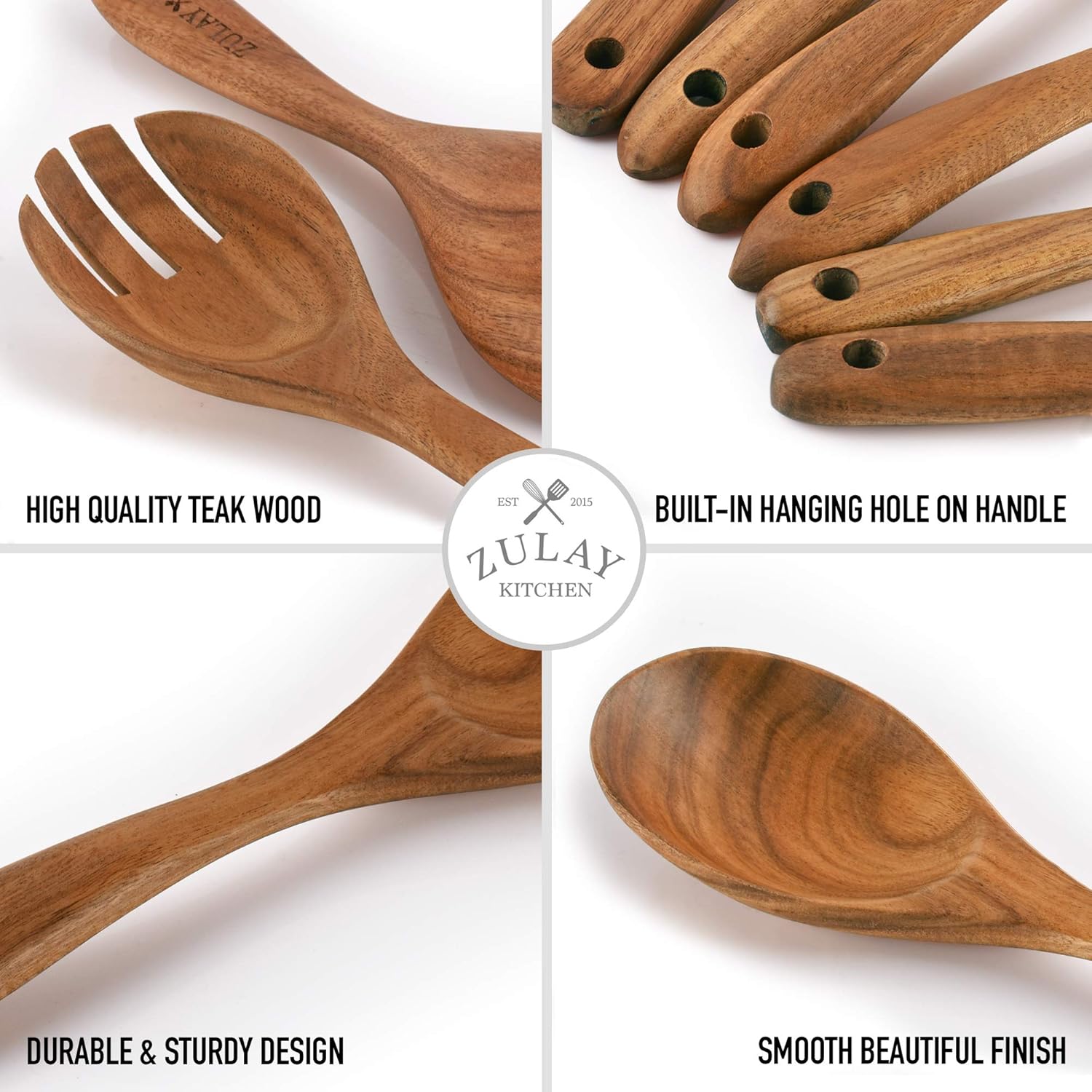 Zulay Kitchen (6 Pc Set) Wooden Utensils For Cooking - Non-Stick Soft Comfortable Grip Wooden Cooking Utensils - Smooth Finish Teak Wooden Spoon Sets For Cooking: Kitchen & Dining