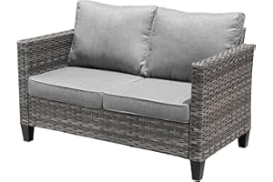 ovios Patio Sofa Outdoor Furniture Loveseat Couch with Comfortable Cushions All Weather Wicker Rattan Patio Loveseat Sofa for Backyard Porch Deck, Grey Wicker, Dark Grey Cushion