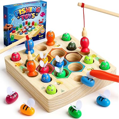 COOLJOY Wooden Fishing Game Toy Montessori 2 3 4 Year Olds Beehive Sorting