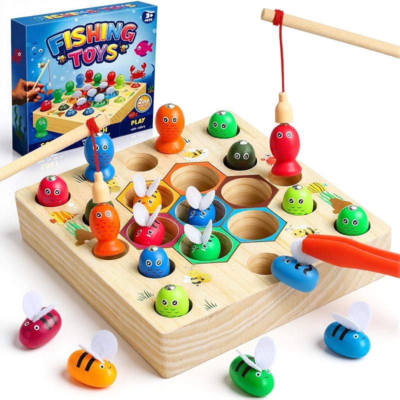 COOLJOY Wooden Fishing Game Toy Montessori 2 3 4 Year Olds Beehive Sorting