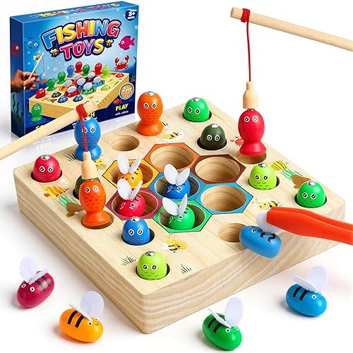 COOLJOY Wooden Fishing Game Toys Gifts for 2 3 4 Year Old Boy Girl | 2-in-1 Magnetic Wooden Toy | Montessori and Motor Skills Educational Suitable for Babies Birthday Gifts