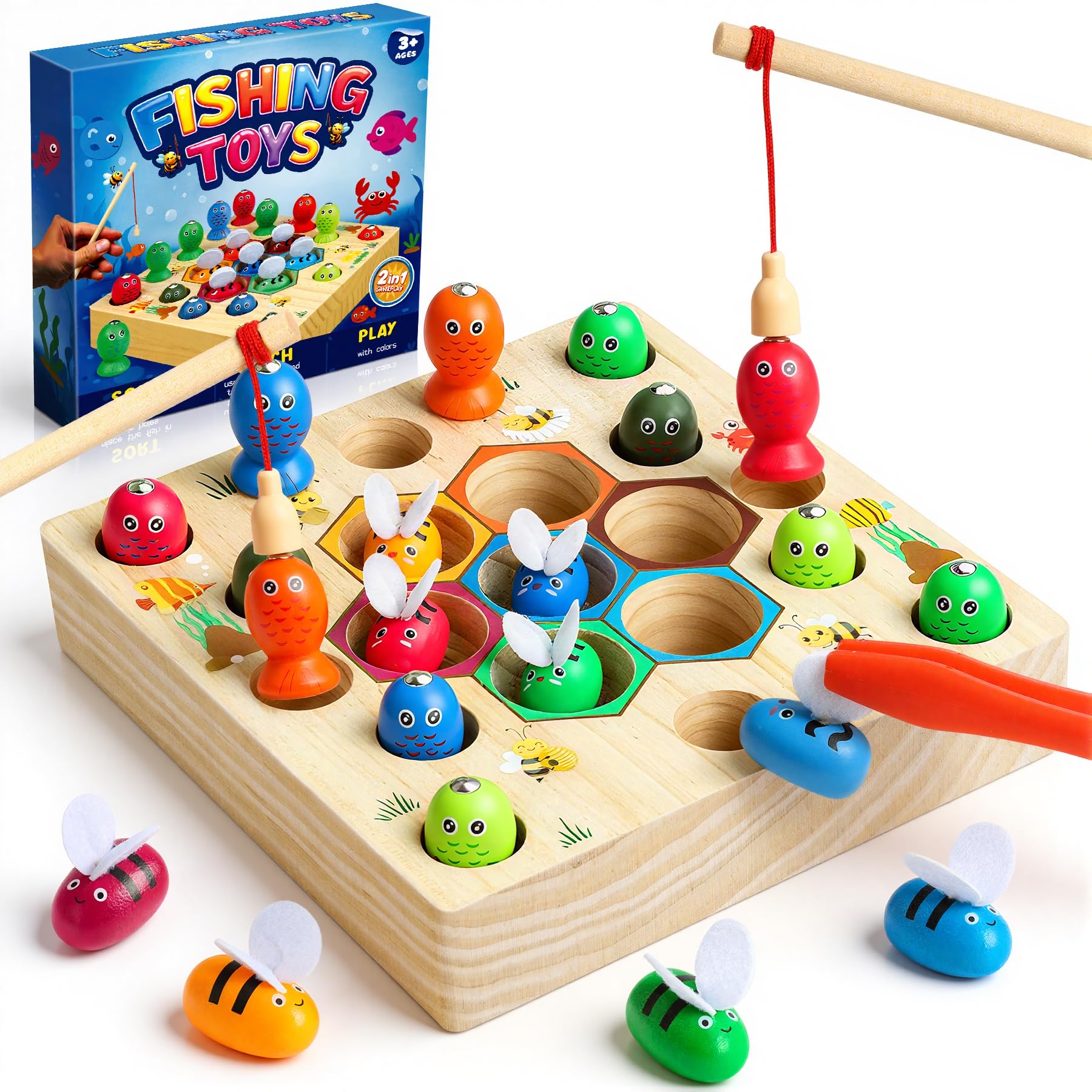 COOLJOY Wooden Fishing Game Toy, Magnetic Montessori Toys for 2 3 Year Olds, Early Learning, Fine Motor Skills, Shape Sorter, Toddler Educational Gift for 2 3 4 Year Olds Girls Boys, Kids Easter Gifts