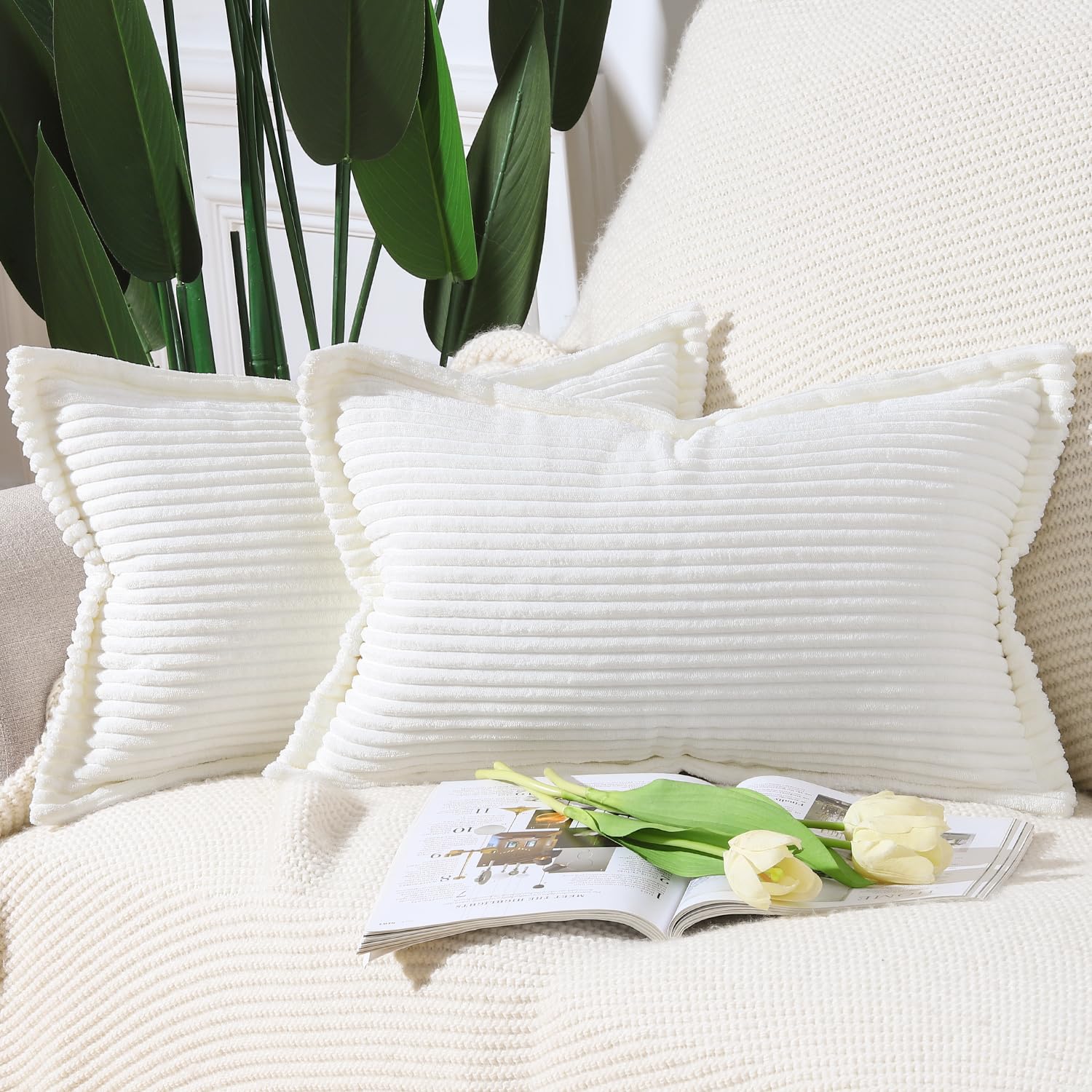 Madizz Cream White Corduroy Cushion Covers with Fringe Edge 12x20 inch, 30x50 cm, Set of 2 Soft Boho Striped Pillow Covers Broadside Decorative Textured Throw Pillows for Sofa Bedroom Pillow Shell