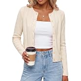 OUGES Women's 100% Cotton Cropped Cardigan Fall Lightweight Sweaters 2026 | Crewneck Versatile Layering Cardigan, Soft Sweaters, Long Sleeve Button Down, 2026 Fall Fashion
