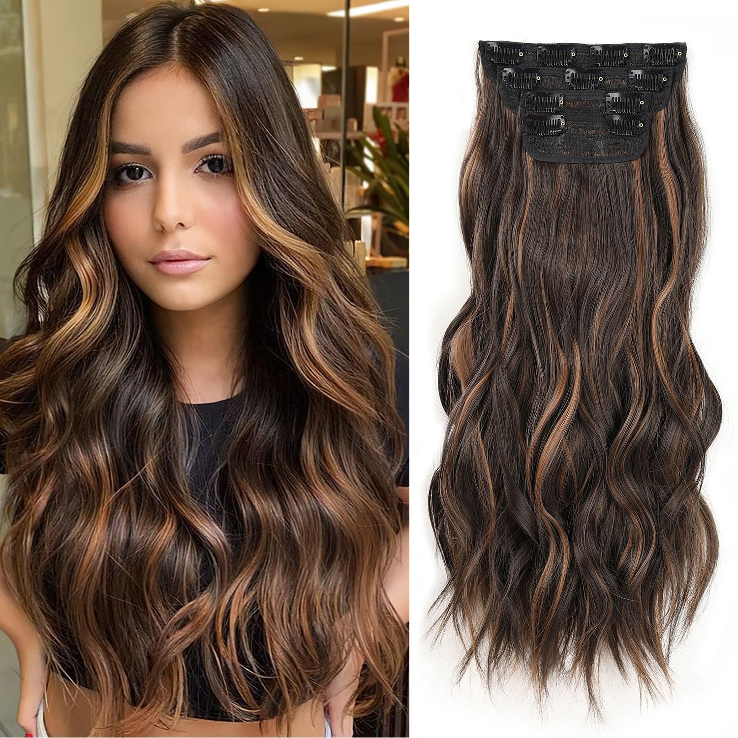 Mscat Clip in Hair Extensions for Women Girls 4 Pieces Thick Curly Wavy Synthetic Hairpiece 16 Inch (Brown Mix Gold) — image 1