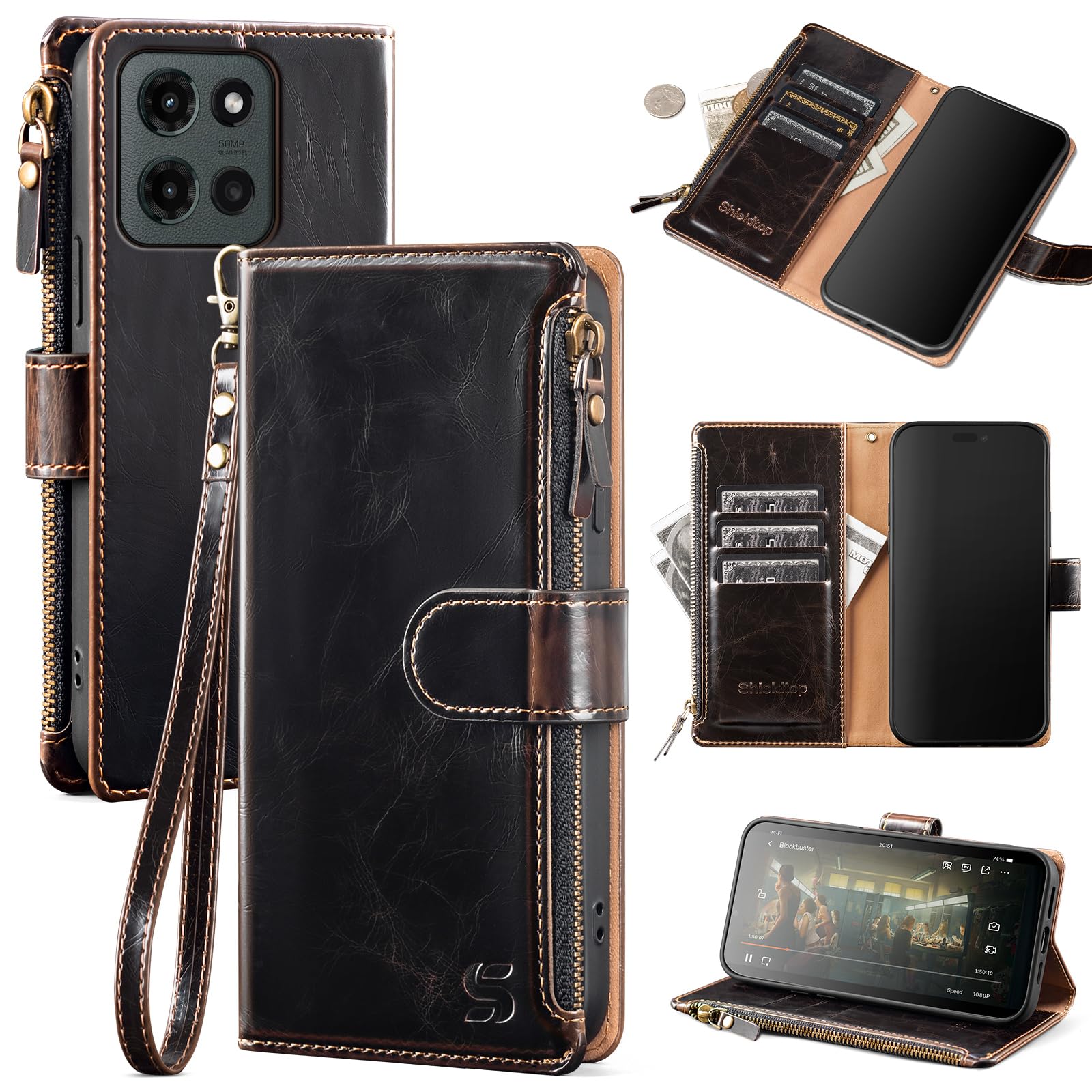 Shieldtop Compatible with Motorola Moto G 2026/2025 / G Play 2026 Wallet Case with Card Holder,Women Men RFID Blocking PU Leather Flip Phone Case Wrist Strap Zipper Credit Card Slots,Coffee