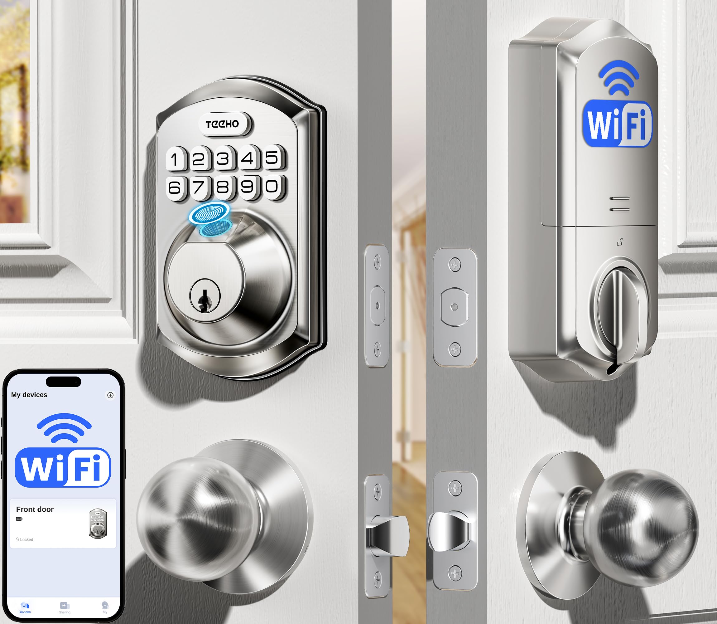Photo 1 of ***MISSING PART -SELLING AS IS *** TEEHO TE012W-K WiFi Smart Keyless Entry Door Lock with Handle, Fingerprint Door Knob & Digital Keypad, APP Remote Control, Works with Alexa & Google, Electronic Deadbolt for Front Door, Satin Nickel