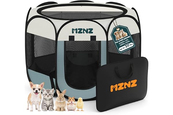 MZNZ Dog Playpen, Portable Cat Playpen Crate Indoor for Dogs Cats Rabbits, Foldable Small Animal Guinea Pigs Bunny Cage Enclosure for Outdoor, Pop Up Dogs Cats Tent Kennel with Carrying Case, Grey