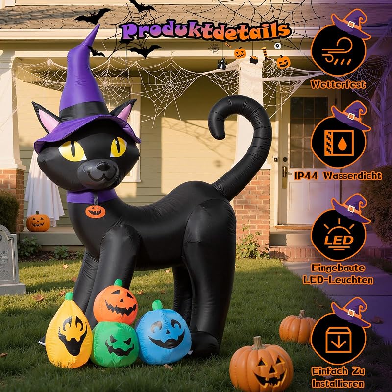 180CM Black Katze Halloween Aufblasbare Dekoration – Aufblasbare Zaubererkatze Gartendeko mit integrierten LED Leuchten – Blow Up Halloween Decoration Outdoor für Rasen Garten Party — Foto 4 von 8