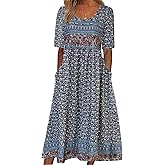 Kubsid Womens Boho Dress Summer Casual 2026 Short Sleeve Loose Fit Floral Maxi Dress Flowy Beach Vintage Sundress