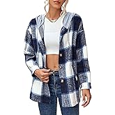 Zontroldy Womens Hooded Shacket Jacket Oversized Casual Flannel Plaid Wool Blend Button Down Shirt Coat Jackets