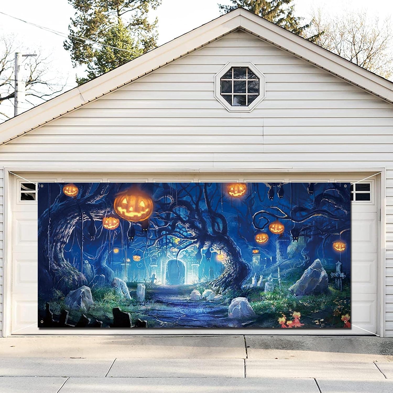 Garage Door Decorations - NOROUOV Halloween Garage Door Banner Large Forest Scary Moon Night Spooky Forest Garage Door Cover 6x13Ft Pumpkin Backdrop Holiday Background Sign for Halloween Indoor Outdoor Wall Door House Decor