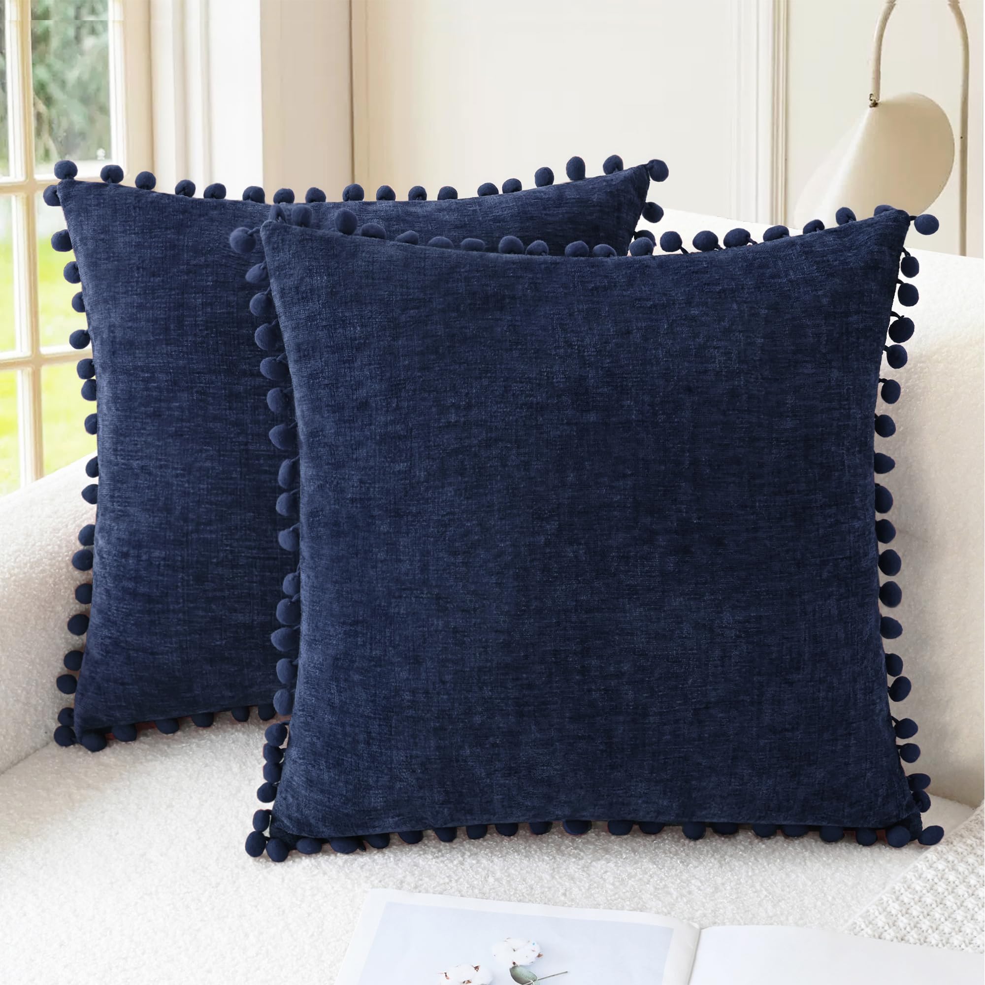 CaliTime Pillow Cases Pack of 2 Cozy Solid Dyed Soft Chenille Cushion Covers with Pom Poms for Couch Sofa Home Decoration 45cm x 45cm Navy Blue