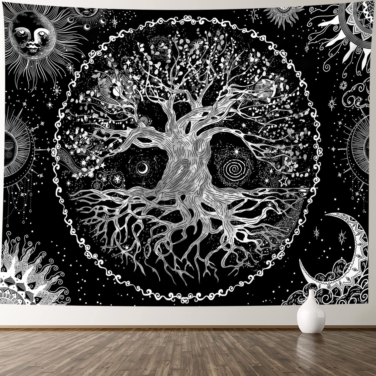 Tapestries - Life Tree Tapestry Wall Hanging - Black and White Wishing Tree Galaxy Space Sun and Moon Tapestries Psychedelic Wall Carpet Mystic Aesthetic Wall Tapestry for Living Room Bedroom (Universe Tree of Life, M(51.2ʺ x 59.1ʺ))