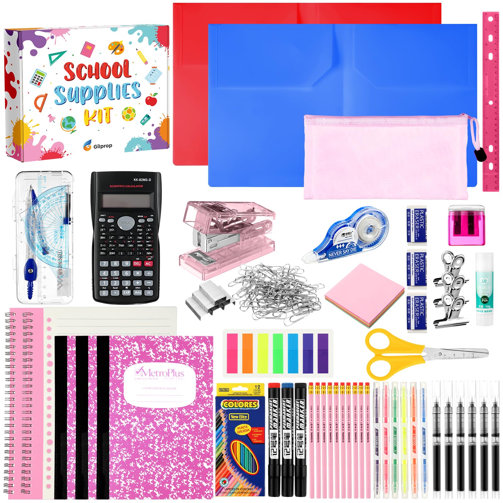 Photo 1 of Gilprop 108 Pcs Middle High School Supplies Kit Back to School Supplies for Student 7-12 Grades Essentials Bundle Box Calculator Pencils Compass Notebook Pens(Pink)